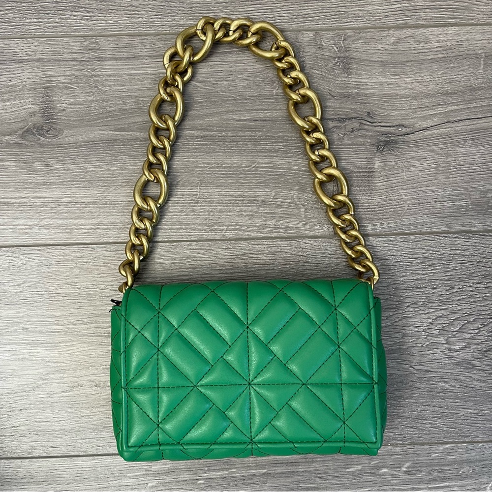 ZARA Green Quilted Shoulder Bag Chain Strap - Picture 2 of 4